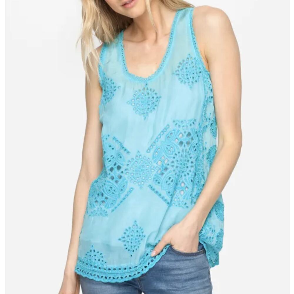 Johnny Was Blue Embroidered Eyelet Spear Tank Top